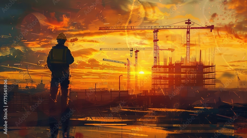 Construction worker surveys building site with cranes at sunset, evocative digital painting Construction worker surveys building site with cranes at sunset, evocative digital painting