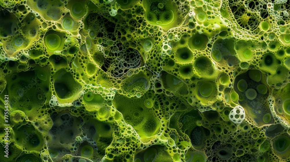 From afar this microscopic landscape appears to be a vast forest of green algae cells. - obrazy, fototapety, plakaty 