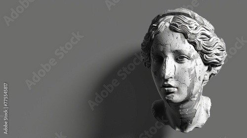 Contemplative Greek goddess statue head. Pensive muse sculpture, 3D rendering in dramatic black and white photo