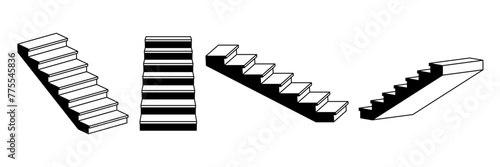 Outline linear stairway set. 3d staircase in different perspective. Black and white stair steps collection. Graphic design element pack concept for success, growth, promotion, progress. Vector bundle