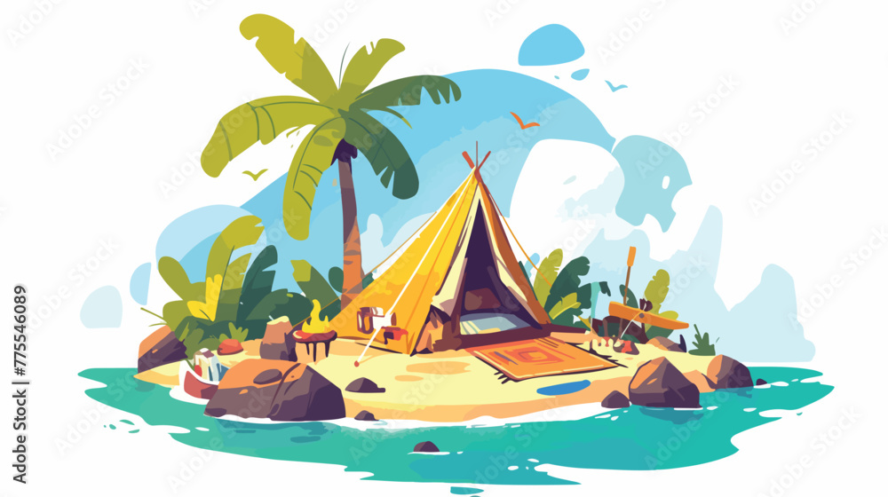 Illustration of a base camp on an island on a white