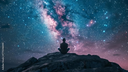 Cosmic meditation backdrop with stars and galaxies, inviting introspection and connection with the universe's vast energies