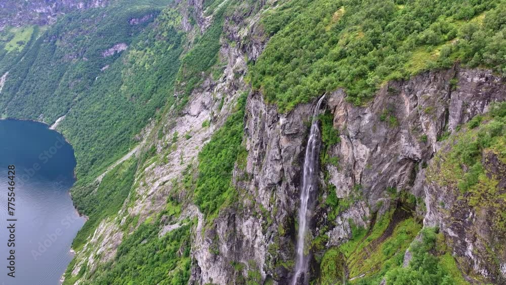 Aerial View of Waterfall Above Scenic Norwegian Fjord, Breathtaking Landscape of Geiranger, Norway Aerial View of Waterfall Above Scenic Norwegian Fjord, Breathtaking Landscape of Geiranger, Norway