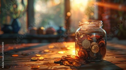 Golden Sunset Rays Casting Over a Jar of Savings Amidst Autumn Leaves photo