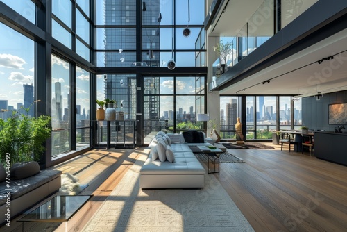 Professional Photography of a Modern Urban Loft With Floor-to-Ceiling Windows, Sleek Interior Design, and Panoramic City Views, Generative AI (ID: 775546499)