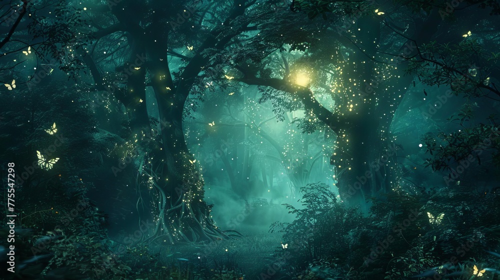 Dark mystical forest at night, fantasy digital illustration with glowing elements Dark mystical forest at night, fantasy digital illustration with glowing elements