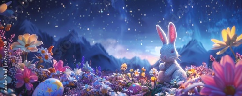 Star gazer 3D scene bunnies and constellation-painted eggs under a clear night sky photo