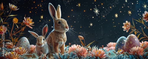 Star gazer 3D scene bunnies and constellation-painted eggs under a clear night sky photo