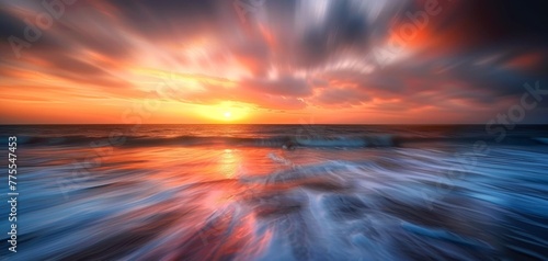 Dynamic Sunset Over Rushing Seashore Waves.