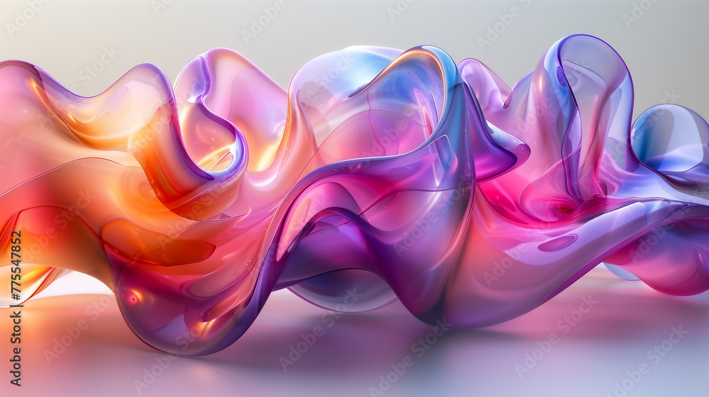 Obraz premium abstract translucent amorphous glass flowing fluid waves with colorful gradient of purple, pink, and orange tones on white background.