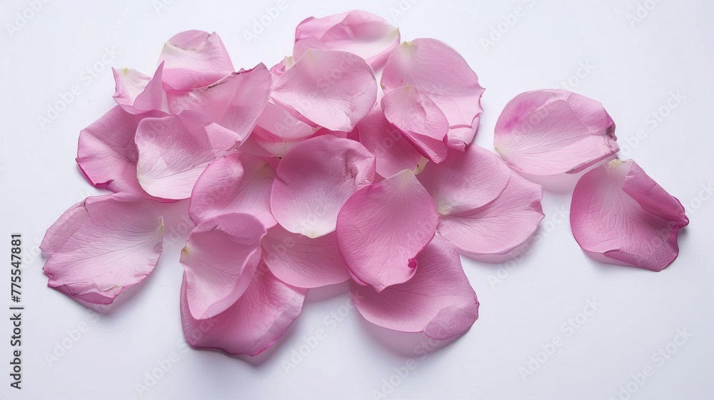 Fototapeta premium Delicate Pink Rose Petals Scattered on White Background - Floral Still Life Photography