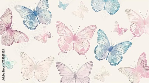 Delicate pastel butterflies flutter across embroidered fabric  creating enchanting seamless pattern