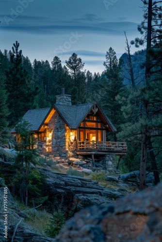 Professional Photography of a Mountain Retreat Cabin Nestled in the Forest, Featuring Cozy Interiors, Stone Fireplace, and Panoramic Views of Towering Peaks, Generative AI © Giantdesign