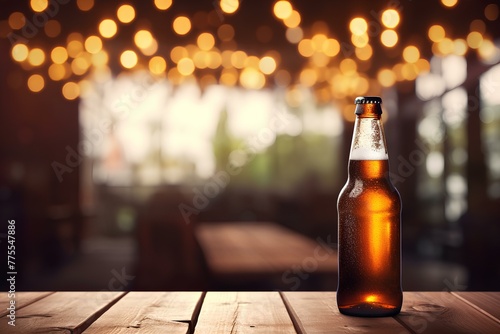 beer bottle on a classic wooden table, vintage bokeh bar background created with Generative AI technology