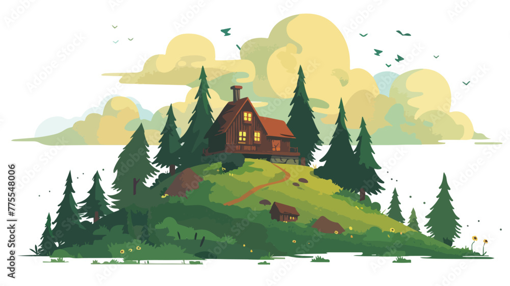 Illustration of a hill with a wooden house and a lu