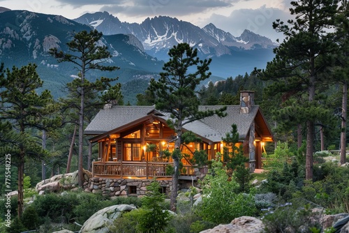 Professional Photography of a Mountain Retreat Cabin Nestled in the Forest, Featuring Cozy Interiors, Stone Fireplace, and Panoramic Views of Towering Peaks, Generative AI (ID: 775548225)