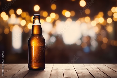 beer bottle on a classic wooden table, vintage bokeh bar background created with Generative AI technology