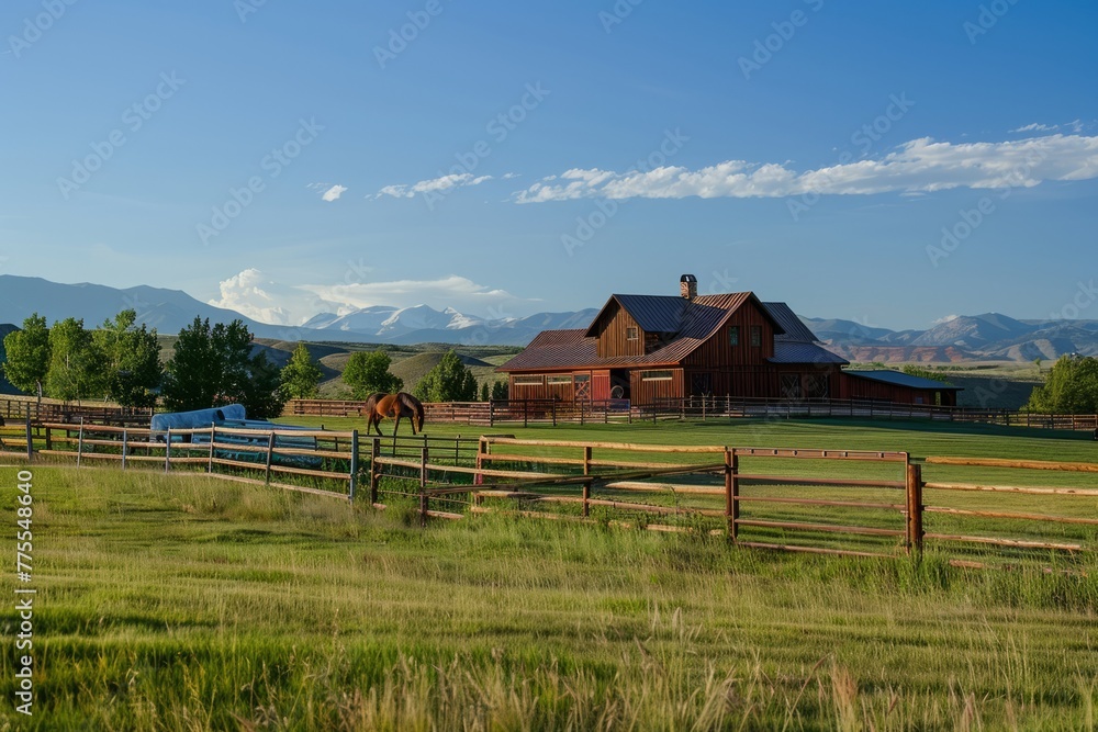 Professional Photography of a Sprawling Ranch Property With Vast Open Spaces, Horse Stables, and Scenic Mountain Views, Generative AI Professional Photography of a Sprawling Ranch Property With Vast Open Spaces, Horse Stables, and Scenic Mountain Views, Generative AI