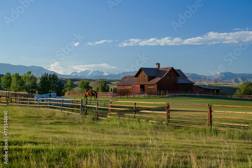 Professional Photography of a Sprawling Ranch Property With Vast Open Spaces, Horse Stables, and Scenic Mountain Views, Generative AI