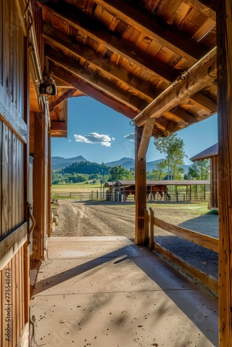 Professional Photography of a Sprawling Ranch Property With Vast Open Spaces, Horse Stables, and Scenic Mountain Views, Generative AI (ID: 775548673)
