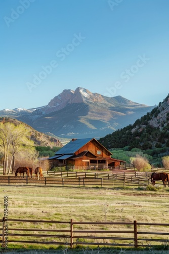 Professional Photography of a Sprawling Ranch Property With Vast Open Spaces, Horse Stables, and Scenic Mountain Views, Generative AI (ID: 775548855)