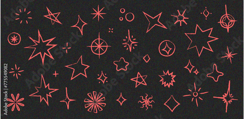 Set de ilustraciones de estrellas, brillos y destellos dibujados a mano color rojo. Vector