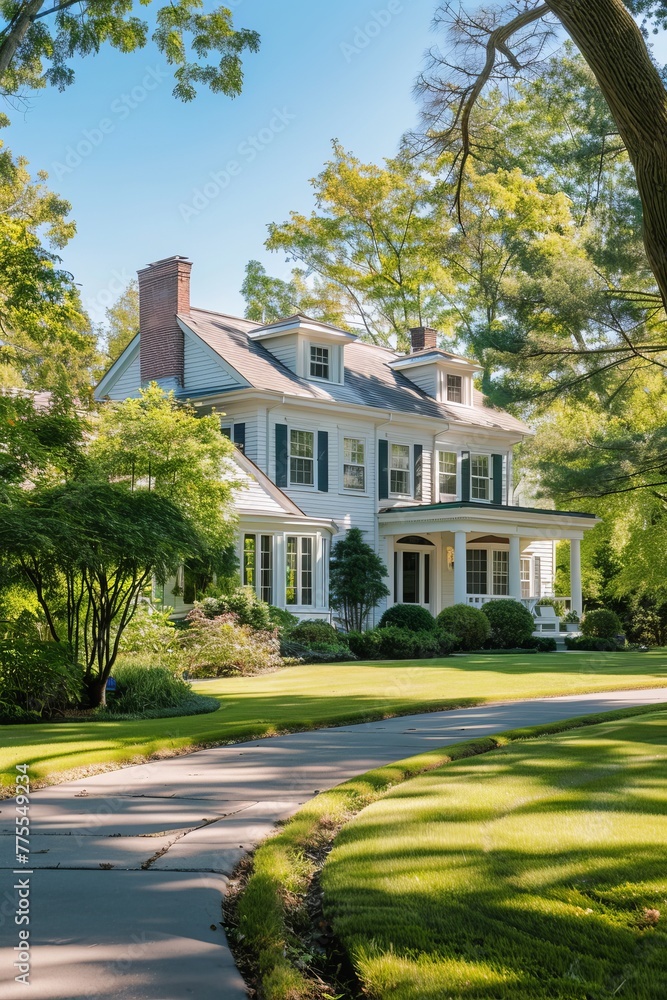 Professional Photography of a Suburban Colonial-Style Home With a Manicured Front Lawn, Classic Architecture, and Traditional Interiors, Generative AI