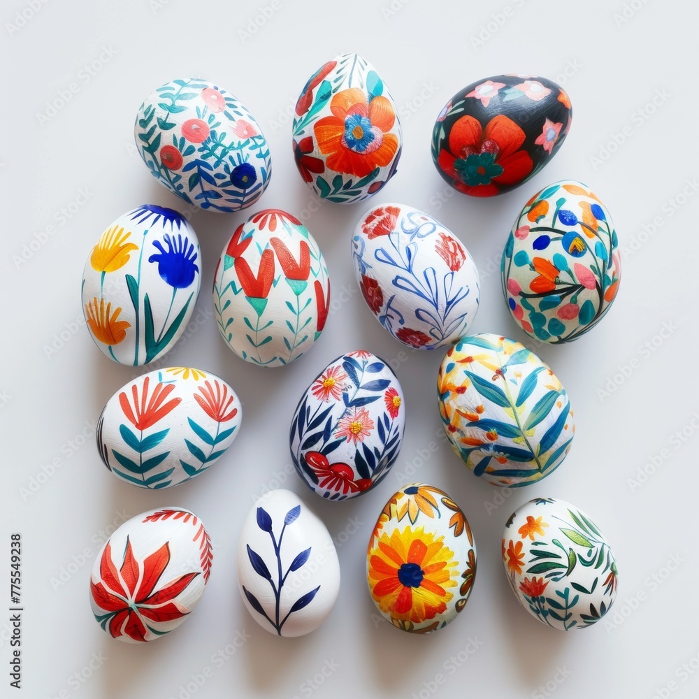 Vibrant Easter eggs hand-painted with floral and geometric patterns Vibrant Easter eggs hand-painted with floral and geometric patterns