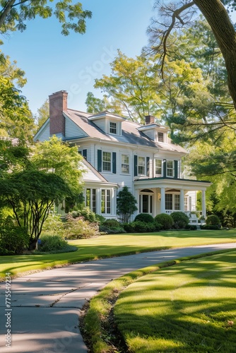 Professional Photography of a Suburban Colonial-Style Home With a Manicured Front Lawn, Classic Architecture, and Traditional Interiors, Generative AI
