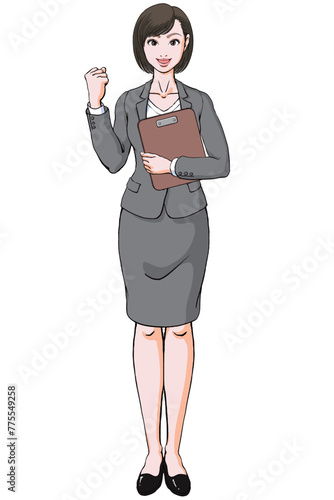 笑顔でガッツポーズ決めるファイルを持ったスーツ姿の若い女性_正面