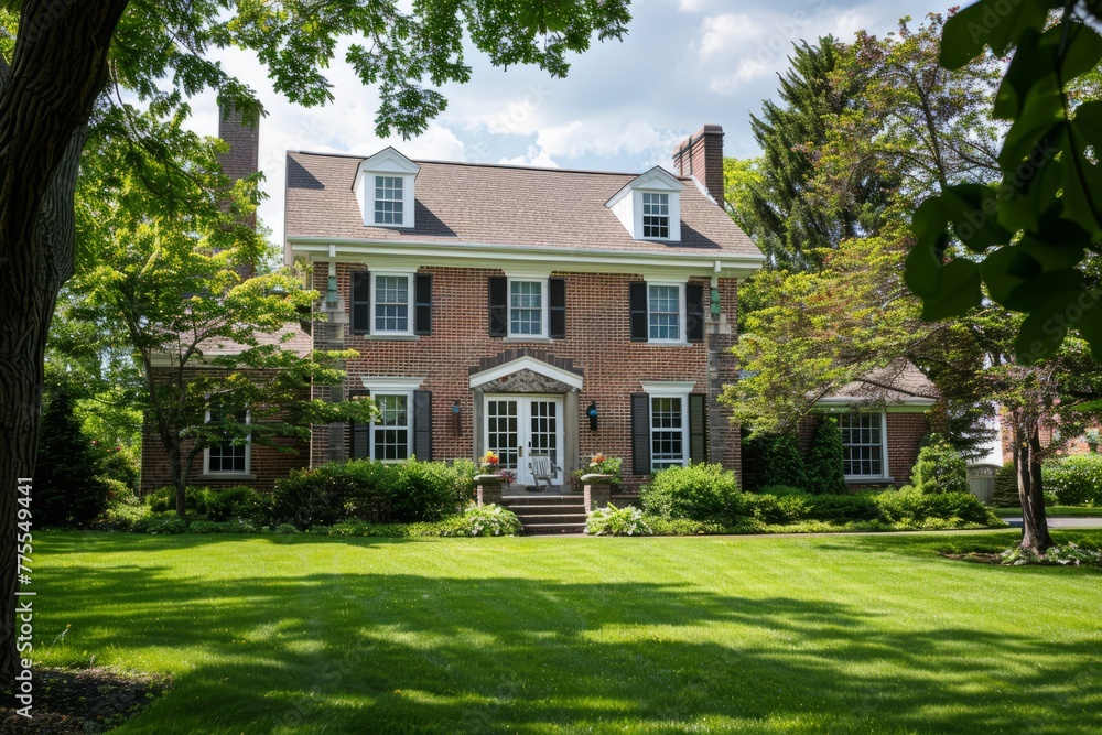 Obraz premium Professional Photography of a Suburban Colonial-Style Home With a Manicured Front Lawn, Classic Architecture, and Traditional Interiors, Generative AI
