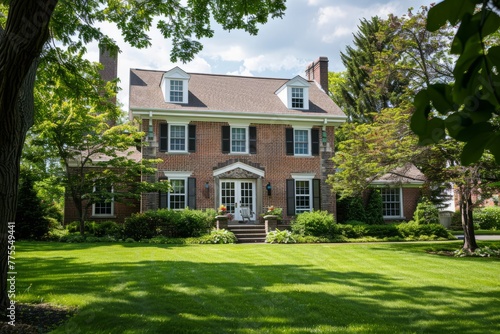 Professional Photography of a Suburban Colonial-Style Home With a Manicured Front Lawn, Classic Architecture, and Traditional Interiors, Generative AI (ID: 775549441)