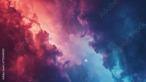 Dramatic red and blue cloudy sky with twinkling stars, abstract background © Bijac