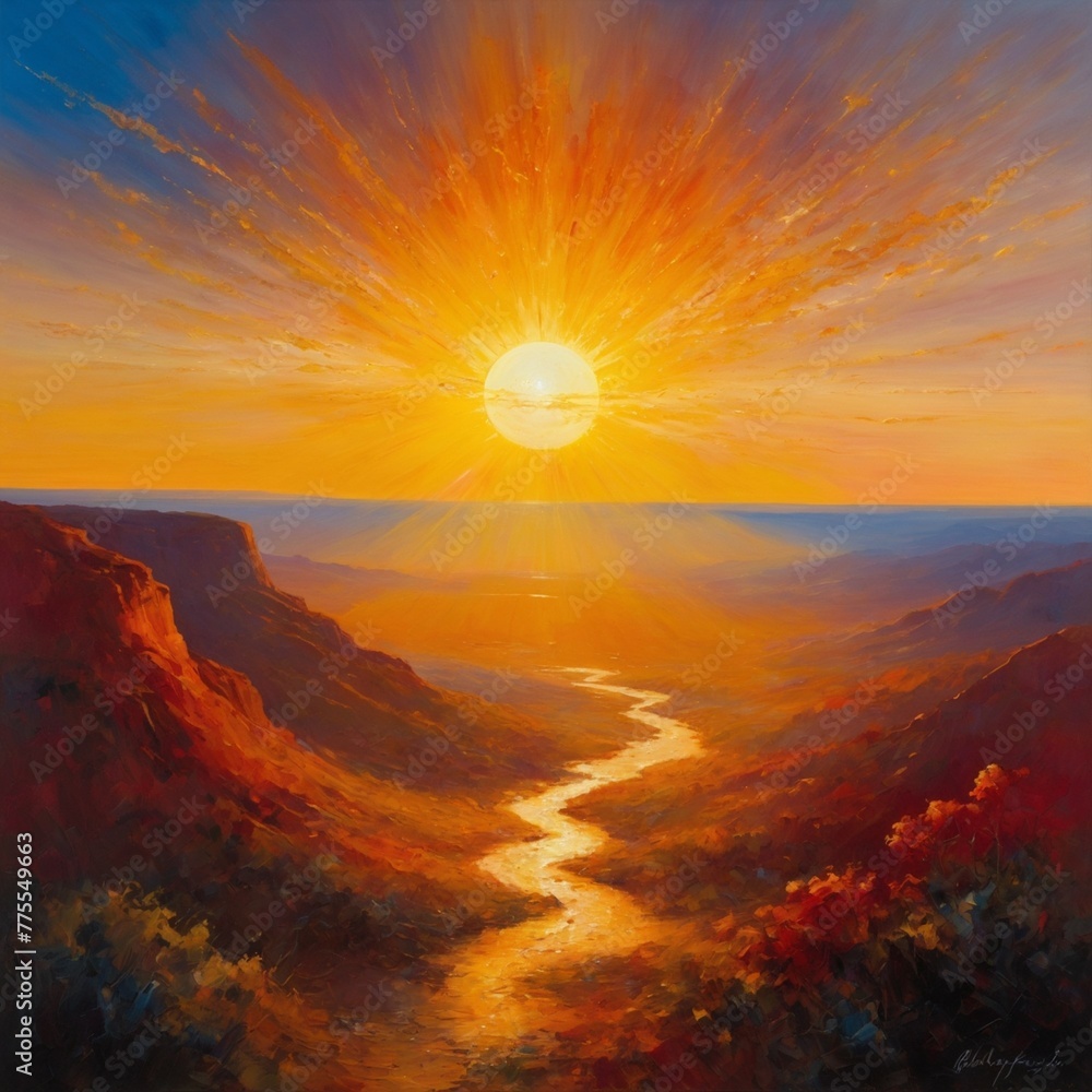 An oil painting of the sun rising from the horizon, emitting rays of light. The foreground features two mountain ranges on either side, with a winding river in the middle.