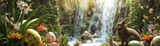 Waterfall oasis 3D Easter card with bunnies by a cascading waterfall