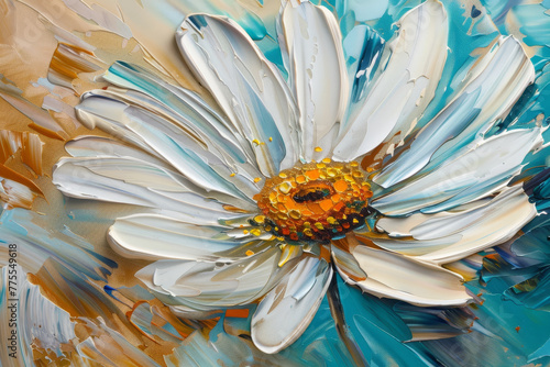 A painting of a white flower with a yellow center