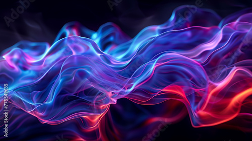 abstract translucent amorphous glass flowing fluid waves with colorful gradient of blue purple and red tones on black background.