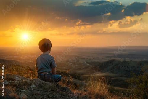 A young boy is sitting on a hillside  looking out at the sunset