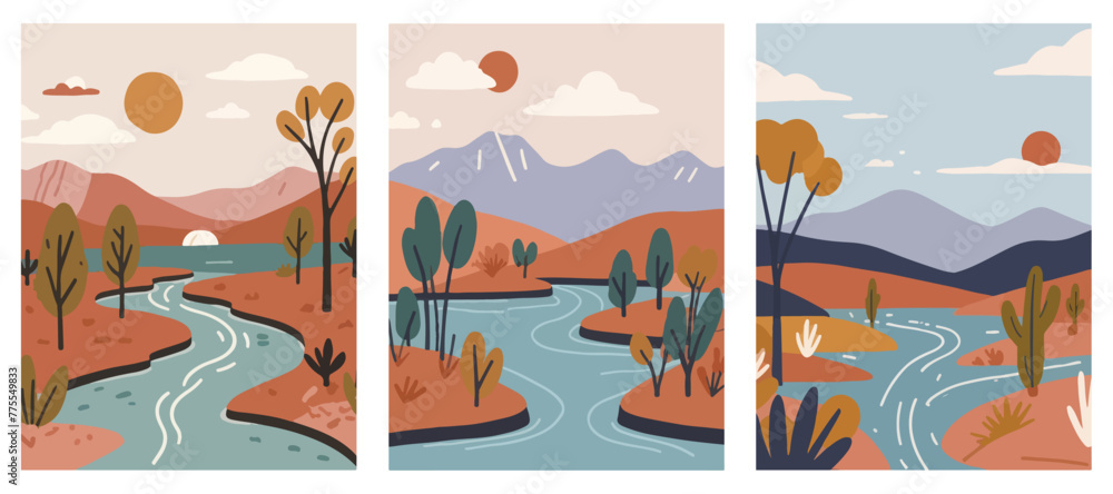 River Symphony. Stunning Landscape Collection with Flowing Rivers. Landscape with Mountains and Trees. Set of Flat Illustration.
