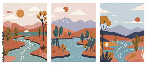 River Symphony. Stunning Landscape Collection with Flowing Rivers. Landscape with Mountains and Trees. Set of Flat Illustration.