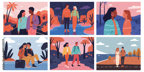 Set of a Couple with Landscape. Flat Illustration. Under the Azure Sky. A Journey of Love. 