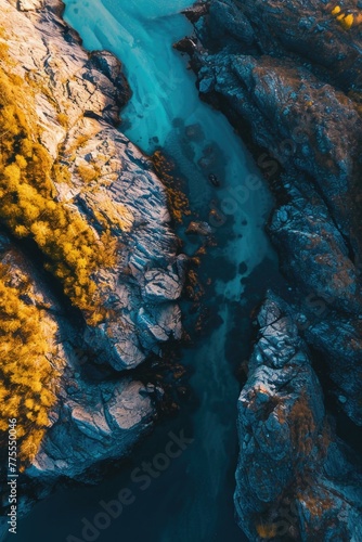 An aerial view of a river flowing through a rocky canyon. Generative AI.
