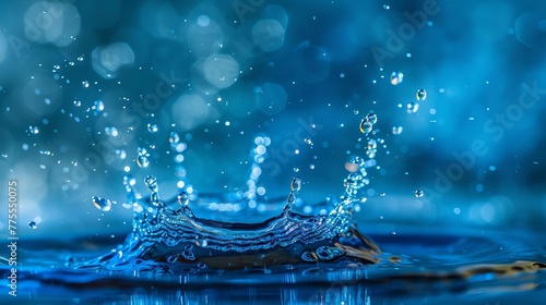 Dynamic splashing water droplets on vibrant blue background. Abstract liquid art photography