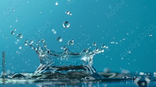 Dynamic splashing water droplets on vibrant blue background. Abstract liquid art photography