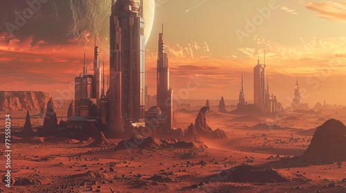 Dystopian cityscape on Mars, hyperrealistic surrealism 3D render