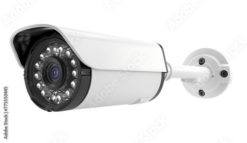 A white outdoor bullet camera equipped with an LED light, showcased against a white background.