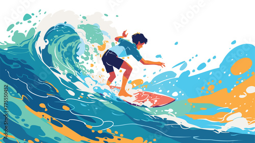 Illustration of a young man surfing a wave 2d flat