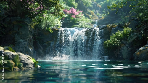 waterfall  Showcase the pristine clarity of the water as it cascades down the waterfall  highlighting its purity and transparency