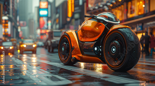 Futuristic Cityscape on Autonomous Journey, Transportation Adventure with an Orange Hi-Tech Motorcycle in Urban Landscape, Automation motorbike on City Streets. Technology Bike Design Future Concept. © Korakrich