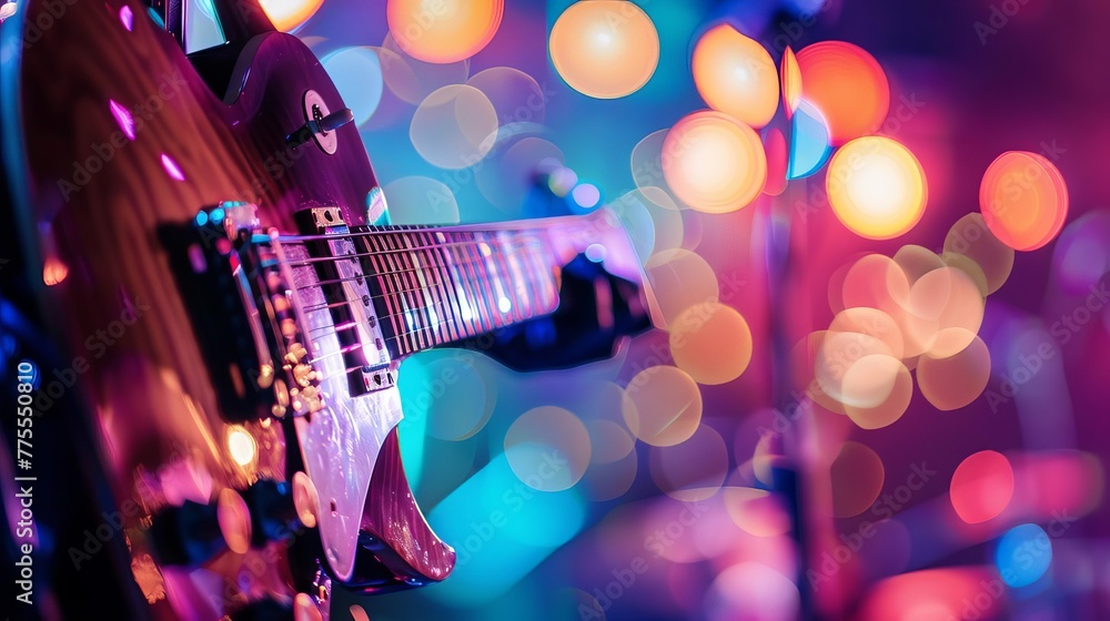 Electronic guitar closeup on blurred concert stage with bokeh lights, music festival